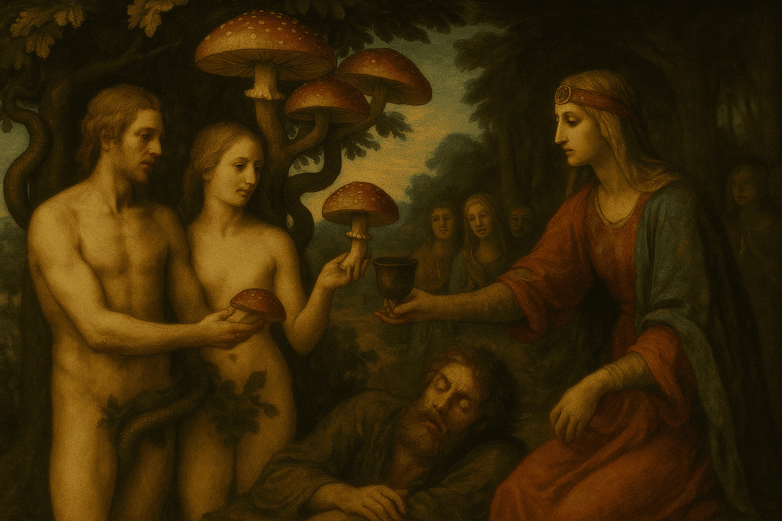 Adam and eve depicted with magic mushrooms